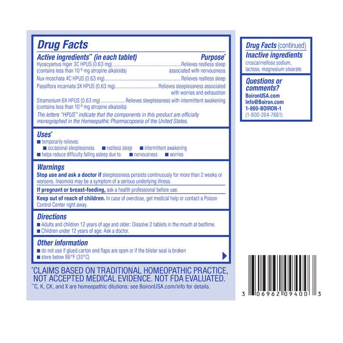 An image of a blue and white label displays the drug facts for SleepCalm, Boirons homeopathic sleep aid. It lists plant-based active ingredients, purposes, uses, warnings, directions, and contact information. The product is non-habit forming.