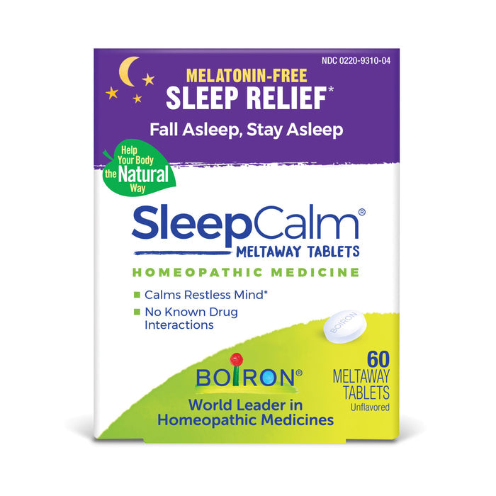 Boirons SleepCalm Meltaway Tablets, a non-habit forming sleep aid with plant-based ingredients, offers sleep relief. Features include Calms Restless Mind and No Known Drug Interactions. Contains 60 unflavored tablets in a purple and green design.