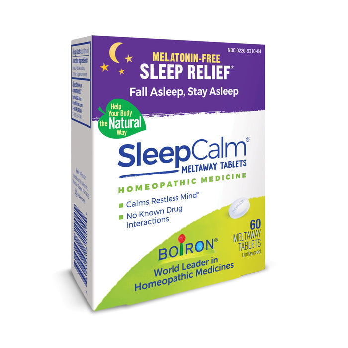 Boirons SleepCalm offers a gentle, homeopathic sleep aid with plant-based ingredients. Completely free of melatonin and drug interactions, these 60 non-habit-forming tablets help calm the mind for restful sleep.