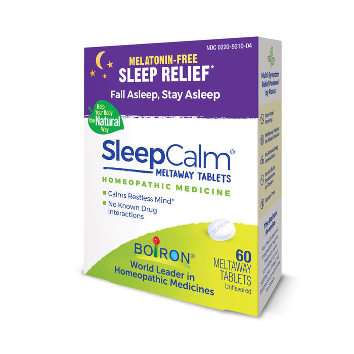 The image shows a box of Boirons SleepCalm, a melatonin-free, non-habit forming homeopathic sleep aid. It calms restless minds and offers sleep relief without known drug interactions, containing 60 unflavored meltaway tablets.