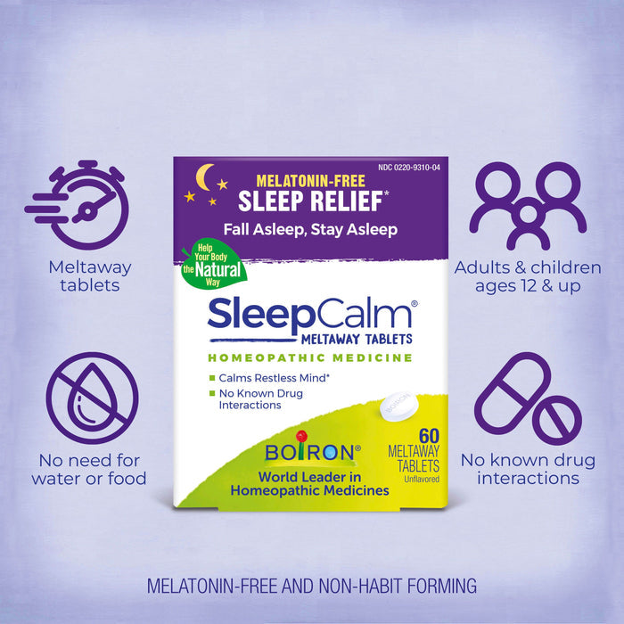 Packaging for "SleepCalm Meltaway Tablets" by Boiron. Descriptions highlight it as a melatonin-free, natural, and non-habit-forming sleep aid for adults and children ages 12 and up. Features include no need for water or food and no known drug interactions. .