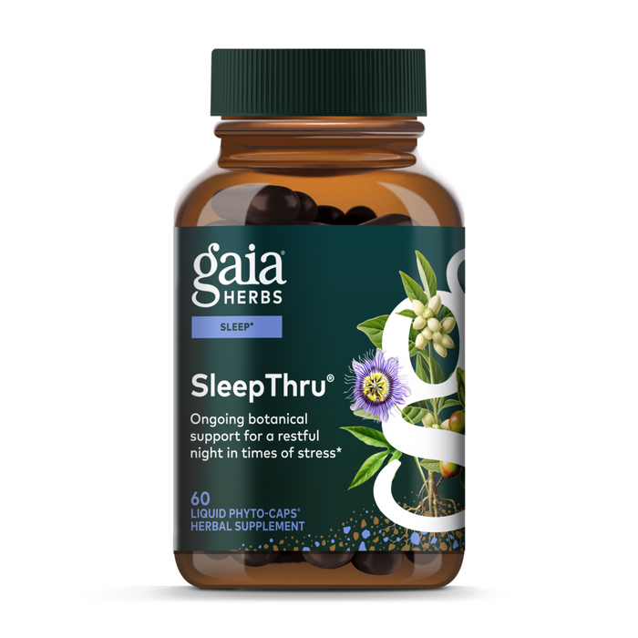 A 60-count brown bottle of Gaia Herbs SleepThru sleep support supplement features a green label with botanical illustrations and highlights ashwagandha for restful sleep.