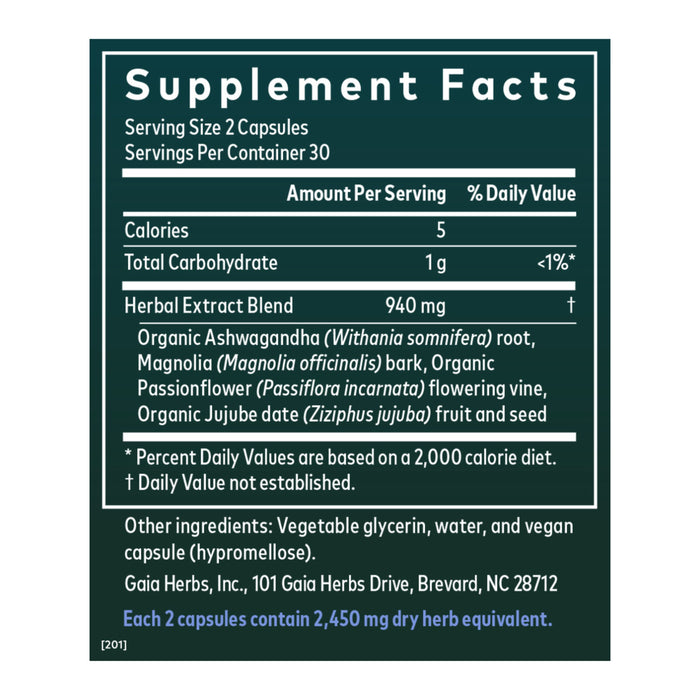 Gaia Herbs SleepThru Supplement Facts: Herbal sleep support with ashwagandha root, magnolia bark, passionflower, jujube fruit & seed. Serving size: 2 capsules; 30 servings per container.