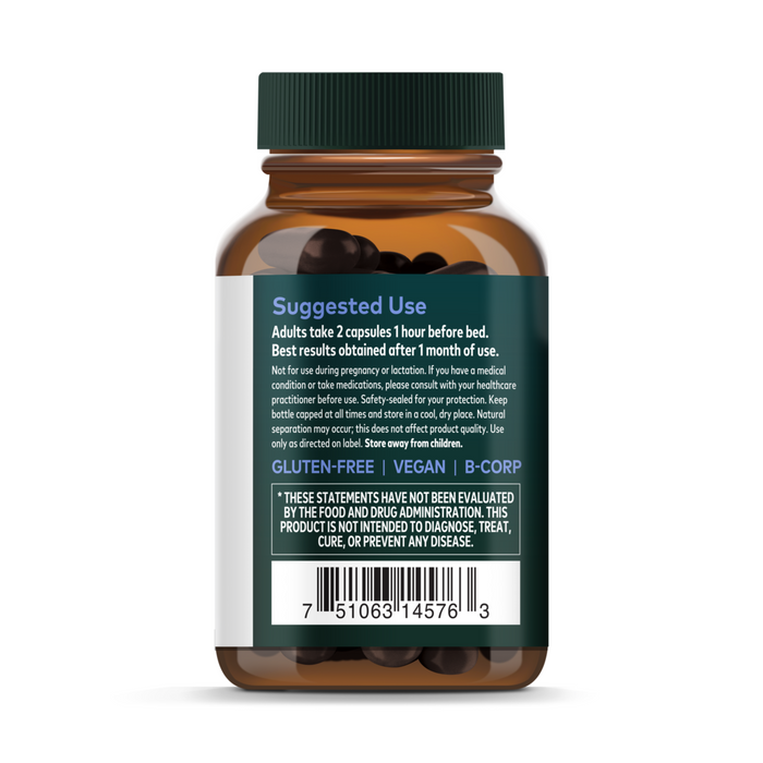 A brown Gaia Herbs SleepThru ashwagandha supplement bottle with a green cap and label listing suggested use, gluten-free and vegan icons, barcode, and FDA disclaimer for herbal sleep aid.