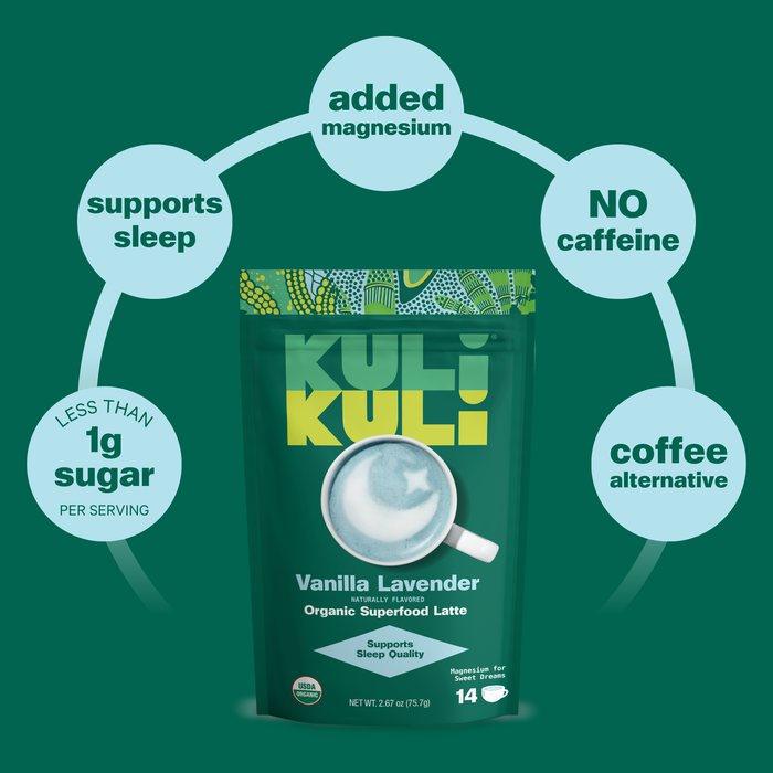 A green pouch of Kuli Kuli Foods Sleeptime Organic Superfood Latte is shown with text bubbles highlighting added magnesium, soothing lavender, sleep support, less than 1g sugar, no caffeine, and that its a coffee alternative.
