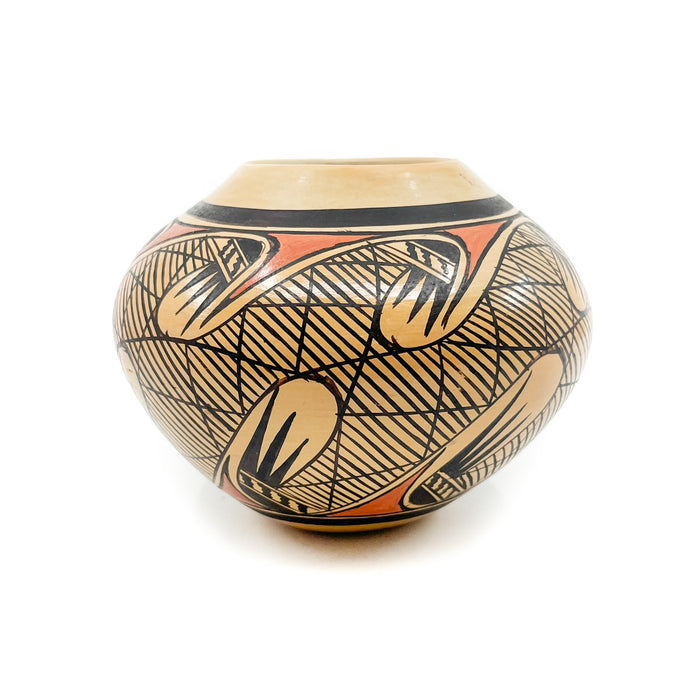 Handcrafted pot by&nbsp;Hopi artist&nbsp;Adelle Nampeyo Hand coiled, painted with natural pigments &amp; fired outdoors Measures approximately 4.0&nbsp;inches high x 5.50 inches in diameter at widest circumference