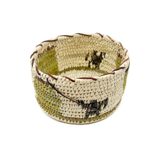 Handwoven basket by Tohono O'odham artist, Julia Lewis
Measures approximately 2.5 inches high by 4.5 inches in diameter&nbsp;
Native plant materials hand gathered from the Sonoran Desert include Beargrass, sun bleached Soaptree Yucca, unbleached green Soaptree Yucca, rare red Yucca Root, and black Devil's Claw
Keep away from sunlight to maintain color variations