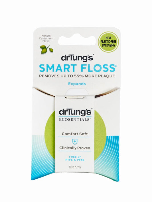 Discover Dr. Tungs Smart Floss®, made with eco-friendly materials and natural cardamom flavor. It’s in plastic-free packaging, expands for comfort, removes 55% more plaque, and contains no PTFE & PFAS. Available in 30 yards/27 meters.