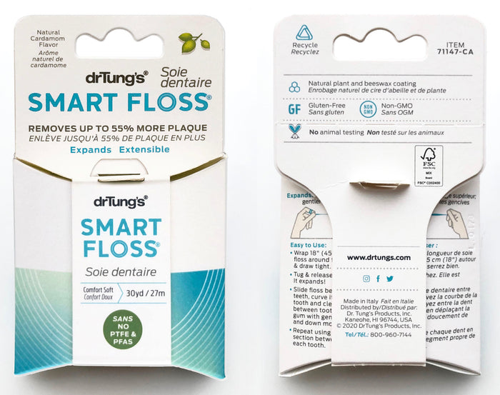 Two images of Dr. Tungs Smart Floss® packaging display natural floss with cardamom flavor, superior plaque removal, and eco-friendly materials. Non-GMO credentials are highlighted, and you can visit drtungs.com for more information.