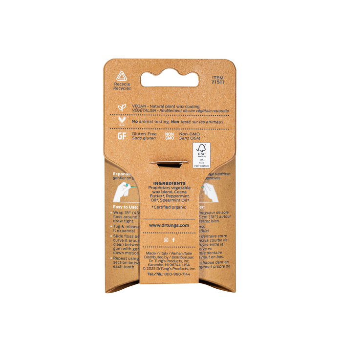 Back of Dr. Tungs Smart Floss® brown cardboard package shows vegan, gluten-free, non-GMO claims, no animal testing, ingredients list, website, item #71511, and a recycling symbol.