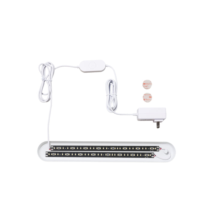 Introducing the Smart Growbar by Modern Sprout—a full spectrum LED grow light strip with a sleek white base. Perfect for nurturing houseplants, it includes an easy power cord switch, adapter, and two small adhesive pads for seamless installation.