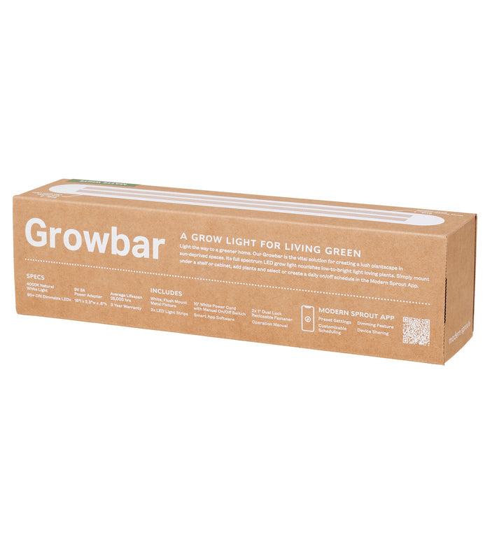 The Smart Growbar box by Modern Sprout showcases specs, app integration, and indoor plant use in a brown design with white text. It highlights the benefits of full-spectrum LED grow lights and features a QR code for easy access to more information.