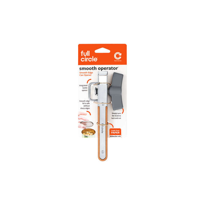 Packaging for Full Circles Smooth-Edge Can Opener displays a silver and orange tool with a gray ergonomic handle. The design emphasizes its smooth-edged lid feature, includes images demonstrating its use, and highlights eco-friendly materials.