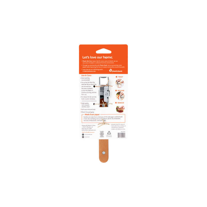 The cardboard packaging in orange and white provides product details for the Smooth-Edge Can Opener by Full Circle. The wooden handle features a hanging hole for easy storage and showcases food imagery as well as a recycling symbol to emphasize eco-friendliness.