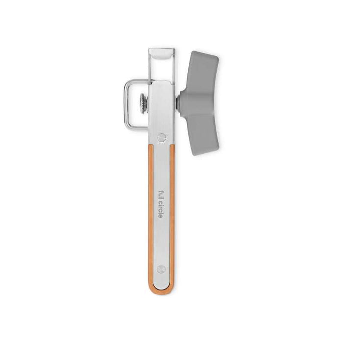 The Smooth-Edge Can Opener by Full Circle features an integrated bottle opener, wooden handle with brand display, metal components, turning knob, and cutting blade for safe smooth-edged lids. Its compactly designed against a white background for easy storage.