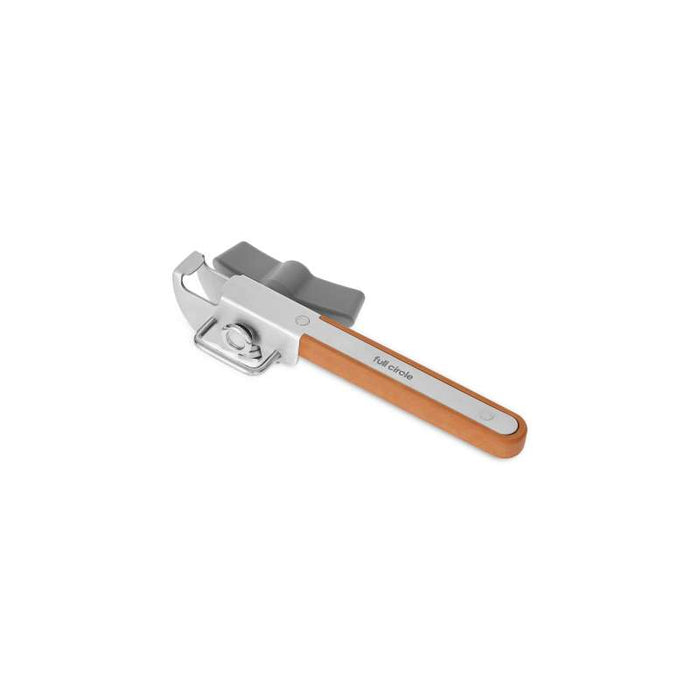 The Smooth-Edge Can Opener by Full Circle features a metal and wood handle with an integrated bottle opener. It ensures safe, smooth-edged lids and compact storage, with Full Circle printed on the handle.