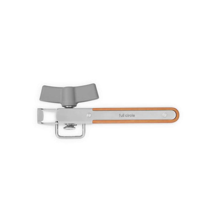 The Smooth-Edge Can Opener from Full Circle features a sleek design with a silver and wooden handle engraved with Full Circle, a safe metal cutting wheel for smooth lids, a gray turning knob, and an integrated bottle opener for extra functionality.