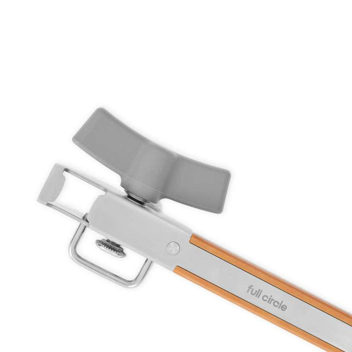 A close-up of a Smooth-Edge Can Opener by Full Circle shows a gray pivoting handle attached to a long pole with an orange accent and the text full circle near the bottom. The design allows for easy use and efficient, compact storage.