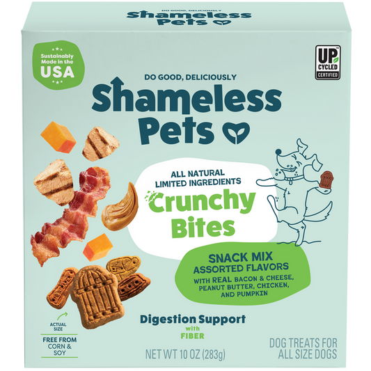 A box of Shameless Pets Party Mix - Crunchy Bites features assorted, all-natural dog treats made in the USA with upcycled sweet potatoes and flavors like bacon, cheese, chicken, and pumpkin.
