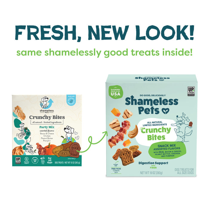 A larger box of Shameless Pets Party Mix - Crunchy Bites appears beside the older, smaller pack. Text: FRESH, NEW LOOK! Same shamelessly good treats inside! Treats and an arrow connect the boxes.