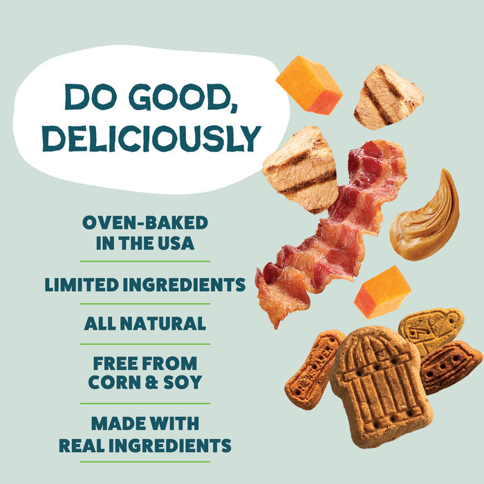 Shameless Pets Party Mix - Crunchy Bites: oven-baked dog treats made with natural, limited ingredients like upcycled sweet potatoes and peanut butter. Free from corn & soy.