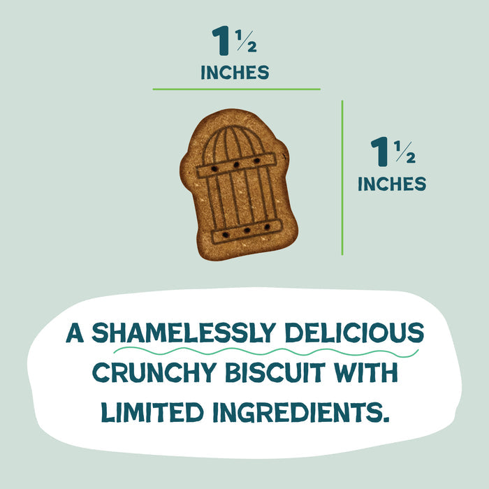 A small, brown, gate-shaped biscuit (1.5 x 1.5) appears above the text: Party Mix - Crunchy Bites by Shameless Pets—a shamelessly delicious, crunchy treat crafted with limited natural ingredients.