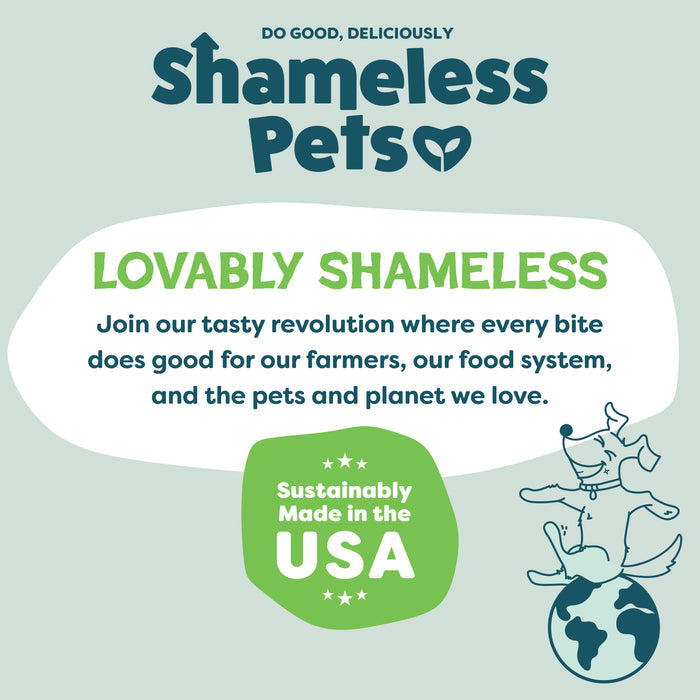 Shameless Pets Party Mix - Crunchy Bites: made in the USA with upcycled sweet potatoes and natural ingredients. Features playful dog and globe line art.