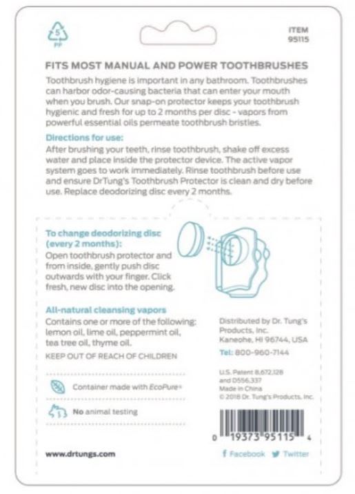 The back of Dr. Tungs Snap On Toothbrush Protection package guides you on fitting it to your toothbrush and replacing its anti-bacterial deodorizing disc bimonthly.