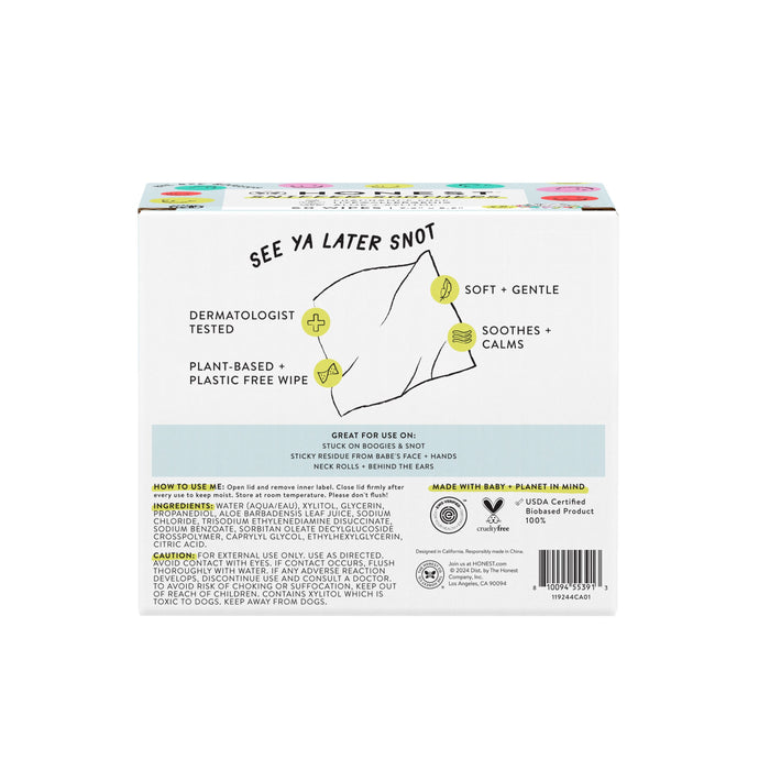 The image shows The Honest Companys Sniffer Soothers box, featuring a dermatologist-tested, plant-based formula. These gentle wipes are designed to clean boogers, stuck-on food, and messy hands seamlessly without any plastic.