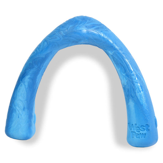 The Snorkl® Interactive Tug and Fetch Dog Toy by West Paw, in blue and arch-shaped design, is crafted from ocean-bound recycled plastic. It features a subtle swirl pattern with West Paw engraved on the side. Its textured surface suits high-energy dogs and moderate chewers who love to play.