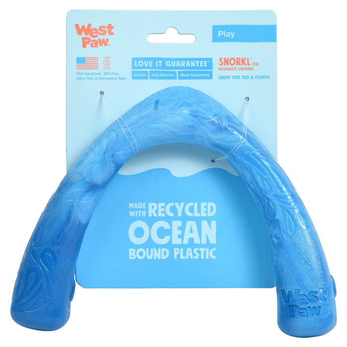 The Snorkl® Dog Toy by West Paw is a bone-shaped, blue dog toy crafted from ocean-bound recycled plastic, ideal for high-energy pups. It features FDA compliant, BPA-free materials and supports moderate chewers. The packaging highlights its suitability for tugging and floating fun!.