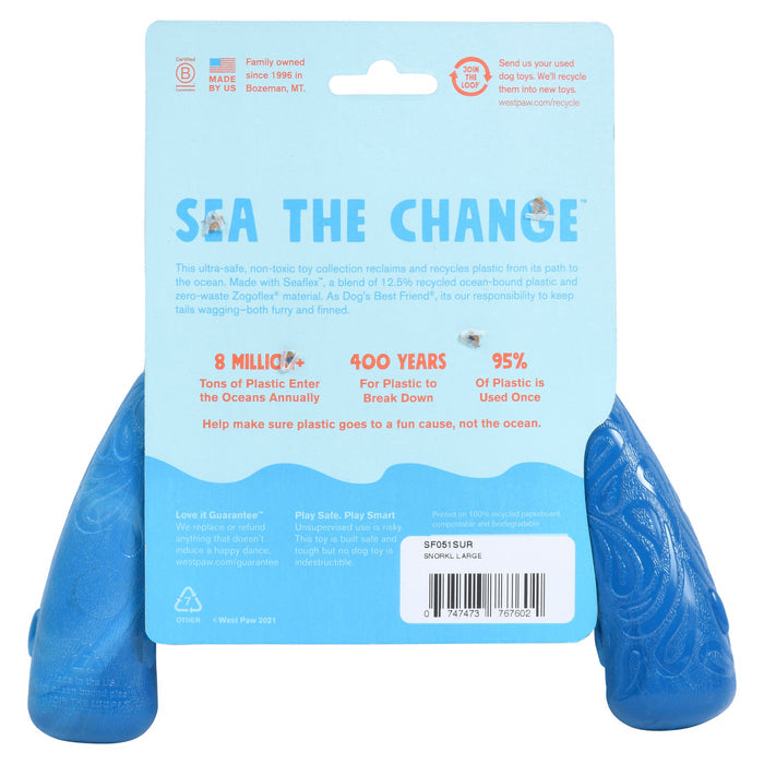 Back view of West Paws Snorkl® toy, shaped like a sea creature and perfect for moderate chewers. Sea the Change packaging highlights ocean pollution awareness, using 95% recycled ocean-bound plastic. Notes 8 million tons enter oceans annually, taking 400 years to decompose.
