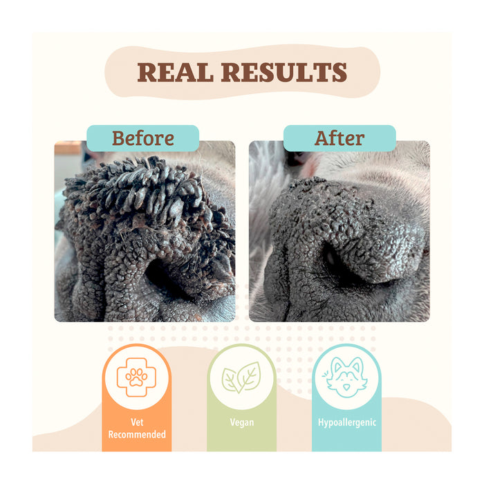 Before and after close-up photos of a dog's nose, showing a significant improvement in texture. The bottom of the image highlights three features: vet recommended, vegan, and hypoallergenic.