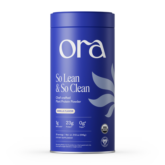 A blue canister of Ora Organic’s So Lean & So Clean: Organic Vegan Protein Powder in vanilla, featuring 23g protein, 0g sugar, USDA organic and vegan certifications, and digestive enzymes for absorption.
