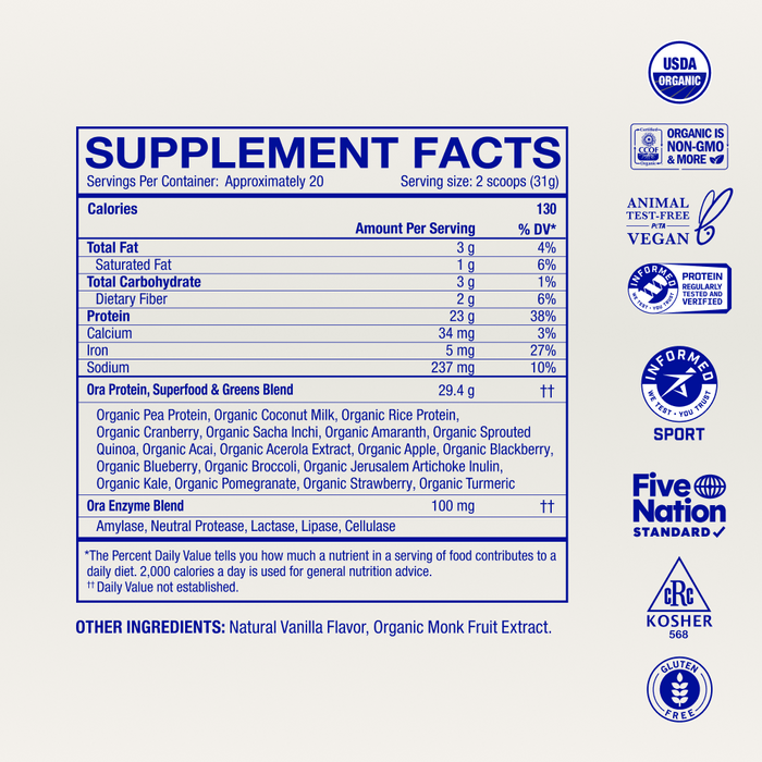 Supplement facts for Ora Organic So Lean & So Clean: Daily Active Plant Protein Powder, with plant protein nutrition, organic ingredients, monkfruit sweetener, and USDA Organic, Non-GMO, Vegan, Kosher, Informed Sport & NSF certifications.