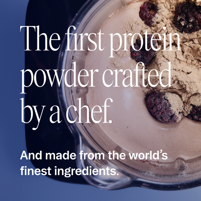 A blender with berries and So Lean & So Clean: Daily Active Plant Protein Powder by Ora Organic. Chef-crafted, monkfruit sweetened, and made from the world’s finest ingredients.