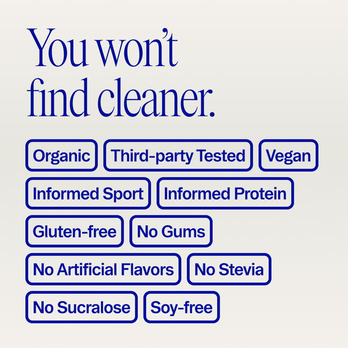 Text reads: “So Lean & So Clean by Ora Organic: Organic, third-party tested plant protein powder. Informed Sport certified, gluten-free, gum-free, no artificial flavors or stevia, and soy-free.”.