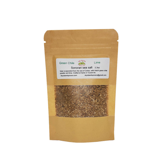 Solar evaporated salt from the Sea of Cortez Natural Sonoran sea salt blended with lime and Hatch green chile Crafted in Tucson, AZ Delicious sprinkled on fish, in salsa or cocktails! 2.3 ounces