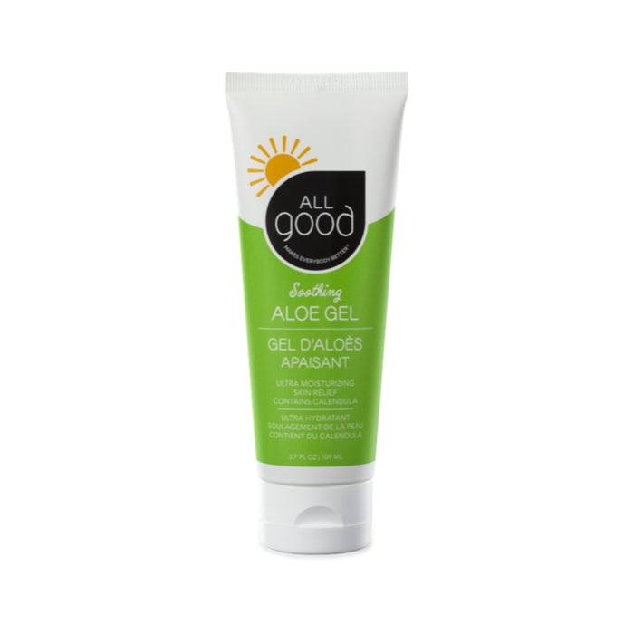 All Goods Ultra Moisturizing Aloe Gel in a 3.7 fl oz (109 ml) white tube, enriched with hyaluronic acid and calendula, features a green label with a sun graphic highlighting Ultra Moisturizing and Skin Relief. Its your perfect skin companion.