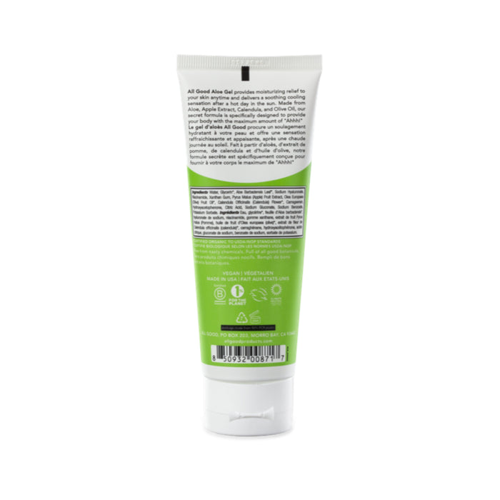 The back of the All Good Ultra Moisturizing Aloe Gel is shown, featuring a green and white label touting its soothing hydration benefits. The tube stands upright with a white cap on the bottom.