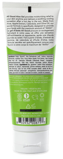 The All Good Ultra Moisturizing Aloe Gel, featuring a green label, provides soothing relief with Aloe, Apple Extract, Calendula, and Olive Oil. Ingredients and product details are conveniently listed on the front.