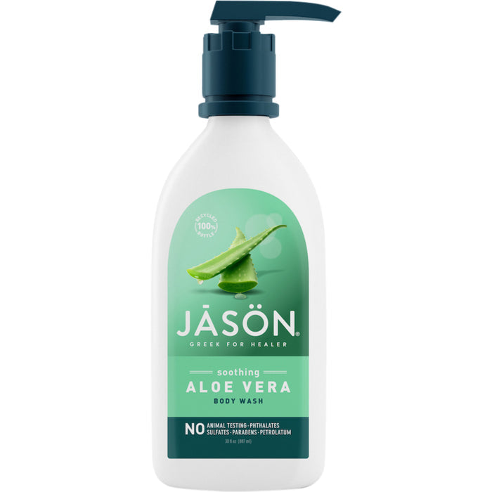 Introducing Jasons Soothing Aloe Vera Body Wash, featuring a pump bottle with aloe vera leaves on a green and white label. This Leaping Bunny–certified natural body wash is free of animal testing, sulfates, parabens, and petrolatum.
