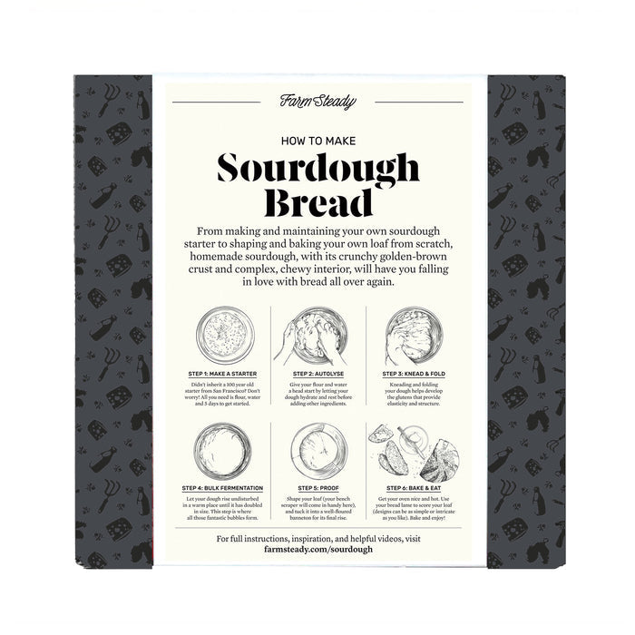 Discover the FarmSteady Sourdough Bread Making Kit with steps: Make a Starter, Autolyse, Knead & Fold, Bulk Fermentation, Shape & Cold Proof, Bake & Eat. Enhance your baking with specialty equipment. For complete instructions, visit farmsteady.com/sourdough.