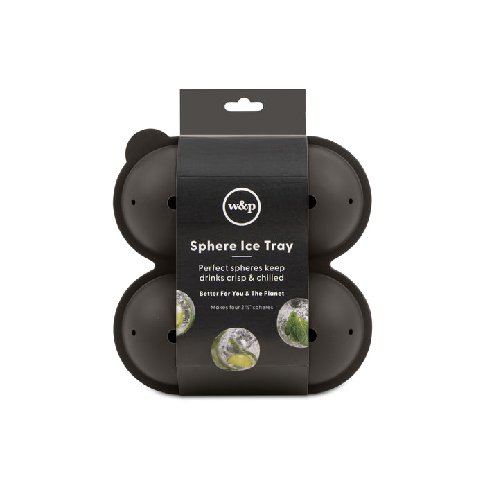 A Sphere Ice Tray by W&P, shown with branded packaging, is designed for making seamless, slow-melting ice spheres to maintain drink crispness. The packaging highlights its eco-friendly materials and superior chilling performance.
