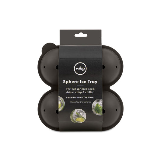 A Sphere Ice Tray by W&P, shown with branded packaging, is designed for making seamless, slow-melting ice spheres to maintain drink crispness. The packaging highlights its eco-friendly materials and superior chilling performance.