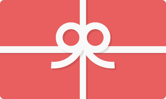 Red Spirit Pieces gift card with a white ribbon bow design