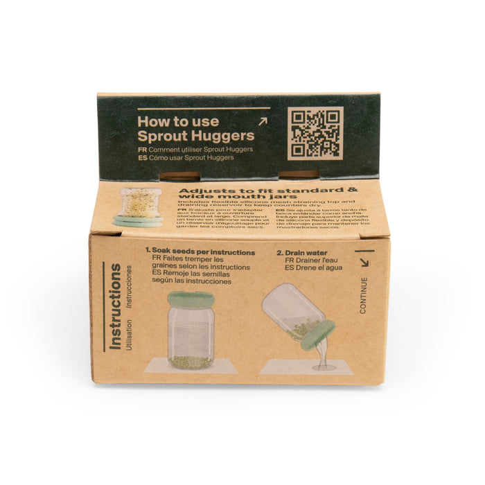 The Sprout Huggers home-sprouting kit from Food Huggers features a cardboard package with printed instructions, images of jars, and multilingual text on usage. A QR code helps guide you through seed soaking and drainage steps, making it easy to grow nutritious sprouts.