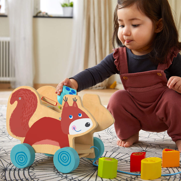 A toddler in a brown outfit joyfully plays with the HABA Squirrel Pull Along Toy Sorting Box, enhancing developmental skills. Made from sustainably sourced wood, it glides across the patterned rug surrounded by colorful blocks as sunlight fills the bright room.