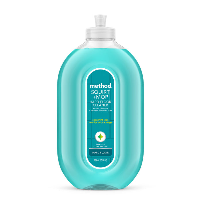 A bottle of methods Squirt & Mop Hard Floor Cleaner, in spearmint sage scent, comes as a Leaping Bunny–certified, no-wax formula in a clear plastic bottle with refreshing blue liquid. The green and white label features a drop icon and indicates its use on hard floors.
