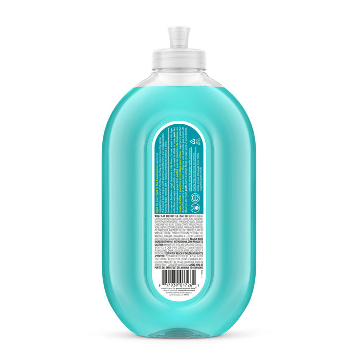 A bottle of Squirt & Mop Hard Floor Cleaner by method, featuring clear teal liquid and a transparent cap, boasts a sleek rounded design. Though the label is hidden, this Leaping Bunny–certified product ensures high ethical standards and premium cleanliness.